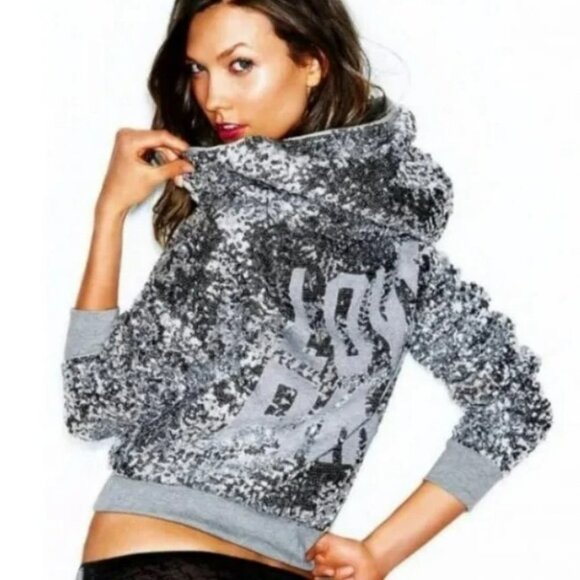 Victoria Secret PINK 2013 Fashion Show Silver Sequin Crop Hoodie Jacket Size S - Picture 1 of 12